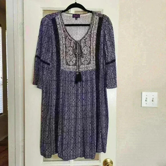Artesia Knee Length Boho Hippie Relaxed Bell Sleeve Tie Front Tunic Dress Medium - Picture 1 of 11